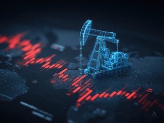 Wireframe oil pumpjack over glowing red financial data graph
