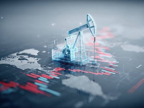 Wireframe oil pumpjack over digital world map and charts