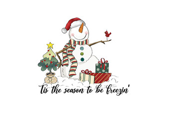 Watercolor Snowman with gifts and Christmas tree festive winter scene for holiday cards Sublimation Design