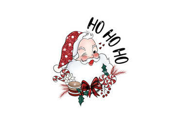Vintage winking Santa Claus with red hat and Christmas wreath for holiday decoration Sublimation Design