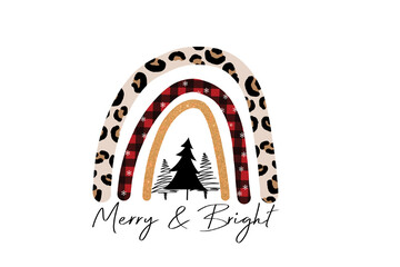 Merry and bright Christmas rainbow with leopard and buffalo plaid for holiday season Sublimation Design