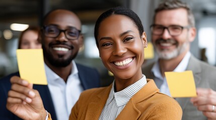 Team with Sticky Notes: A diverse team with beaming smiles, holding yellow sticky notes, epitomizing the spirit of collaborative brainstorming and innovative teamwork within a modern office setting.