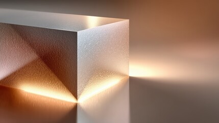 Illuminated metallic cube with warm golden light and reflective surface.