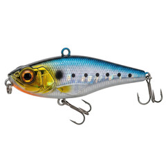 Realistic shimmering fish lure with vibrant colors and sharp hooks for angling adventures isolated on transparent background