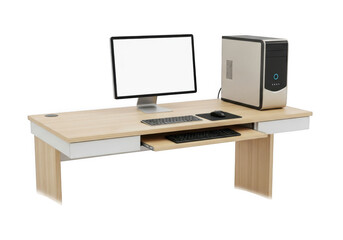 A modern computer setup with a blank screen sits on a wooden desk, creating a workspace scene ready for showcasing software or website designs isolated on transparent background