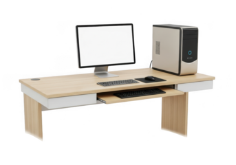 A modern computer setup with a blank screen sits on a wooden desk, creating a workspace scene ready for showcasing software or website designs isolated on transparent background