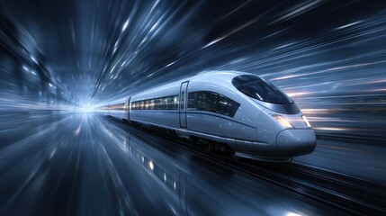 High speed bullet train moving through a dark tunnel with light streaks