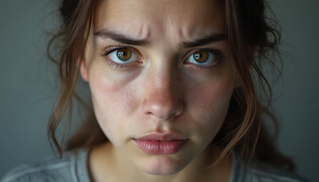 Close up photo of young woman face. She has anxious expression. Portrait reflects worry concern and stress. Female displays signs of mental health issues.