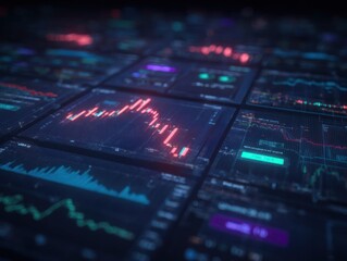 Glowing digital financial charts displayed across multiple dark screens.