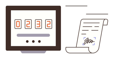 Fototapeta premium Computer screen with a four-digit code and a signed document. Ideal for security, digital contracts, verification, encryption, technology, fintech, legal processes. Simple flat metaphor