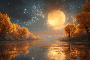 Mystical autumn landscape with luminous moon and reflective water scene