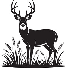 &ldquo;Deer Silhouette Vector Illustration With Large Antlers Standing In Grass And Wheat Representing Wildlife Nature Forest Animal Strength Hunting Concept And Environmental Design In Black Style&rdquo;