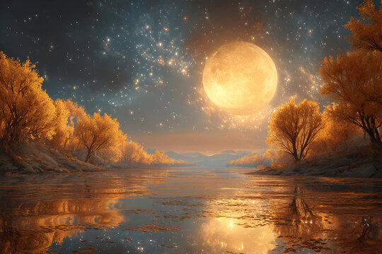 Mystical autumn landscape with luminous moon and reflective water scene