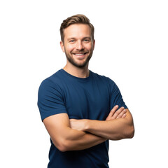 Fototapeta premium Smiling caucasian man with beard and blue t shirt arms crossed confidently isolated on transparent background