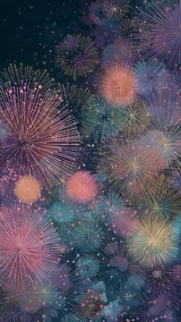 Colorful fireworks, dark blue background. Vertical video for banner, stories, reels, social media. Celebration, party and happy new year concept.
