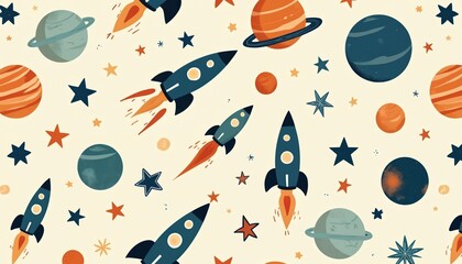 Naklejka premium Seamless space-themed pattern features rockets planets, stars. Colourful illustration perfect for kids designs. This art ideal for wallpaper fabric or print. Use this background for childish designs.