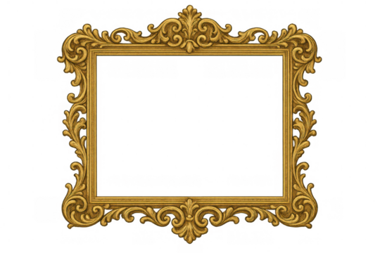 Ornate gold picture frame with baroque rococo style detailing, creating a luxurious empty decorative border, transparent background