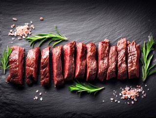 Sliced raw red meat with rosemary and salt on slate