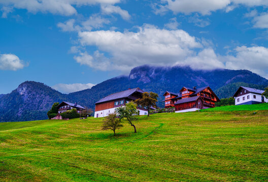 Alpine houses on a hill at the foothill of a mountain, Wolfgangsee, Austria