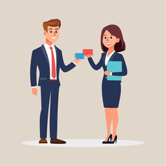 Fototapeta premium Man and Woman Exchanging Business Cards, Vector Illustration