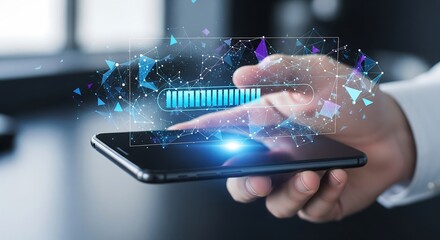 Futuristic holographic battery indicator app displayed on a smartphone