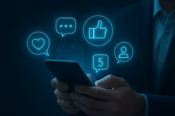 Person holding smartphone with glowing social media and communication icons floating above