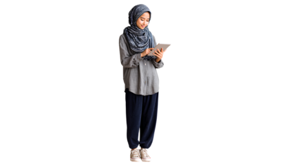 young hijab-wearing female student using a tablet, wearing a grey shirt and navy blue pants, against