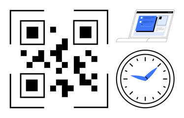 QR code, laptop displaying data, and analog clock symbolizing digital access, time tracking, efficiency, technology integration, automation, productivity, and streamlined workflows simple flat