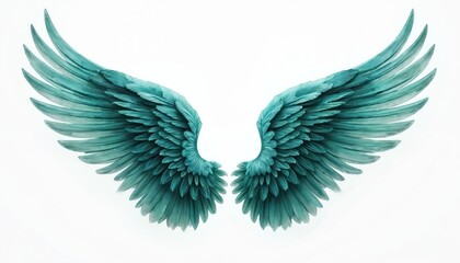 Obraz premium Pair of detailed teal angel wings spread wide, on clean white background. Feathered design freedom, flight, spiritual aspiration. Elegant graphic element perfect for logo design, art projects, divine