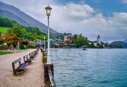 St. Wolfgang Church, Scalaria Resort, and village on Lake Wolfgangsee promenade, Austria