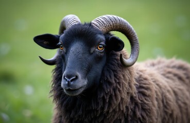 Naklejka premium Close up portrait of a Heidschnucke sheep with curved horns, black face and brown wool against blurred green field. German sheep breed in meadow, farm livestock animal.