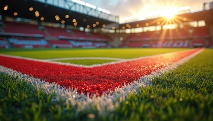 Stadium corner with green grass, vibrant red painted field line. Crisp white boundary marks playing surface. Empty red seats fill blurred background. Golden sun shines over large stadium arena in
