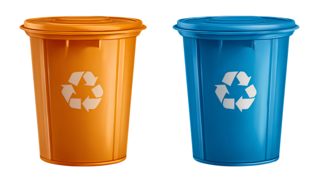 transparent background two trash cans, one blue and the other orange with a recycling symbol on it, against - Powered by Adobe