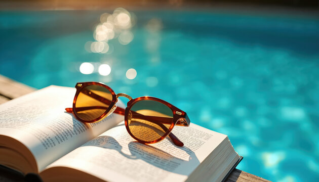 Sunglasses lie on open book at poolside. Vacation chill time with reading. Sunlit summer atmosphere. Relaxation near water. Book with shades on edge of pool represents carefree holiday.