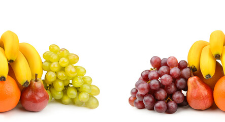 Fruit Arrangement with Grapes, Bananas, Pears, and Oranges on White.