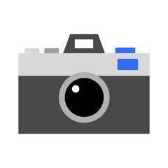 Flat design camera icon with dark gray body, light gray top, black lens, and blue flash details.