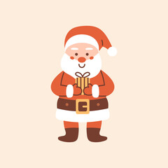 Vector illustration of cute Santa Claus in red suit holding gift box, smiling and standing. Flat cartoon festive icon for Christmas cards, invitations, winter holiday, and seasonal greeting design.