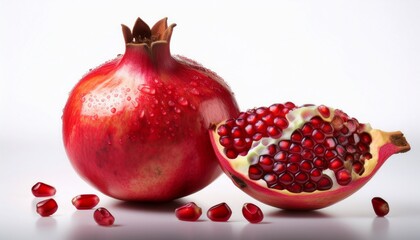 ripe pomegranate showing its fresh seeds on white background