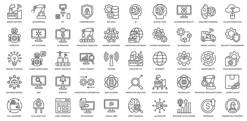 Industry 4.0 icon set. Containing smart factory, automation, iot, ai, digital twin, augmented reality, machine learning, cloud computing, robotics icon. Outline style