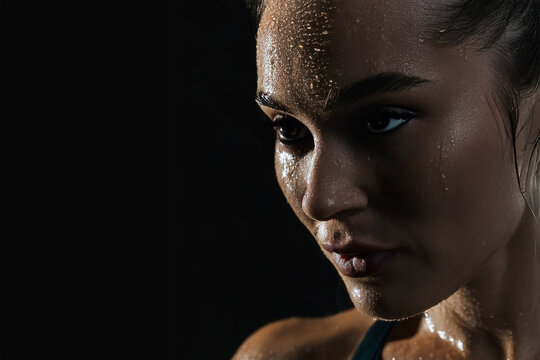 Fit Woman Resting After Intense Workout Sweating on Dark Background