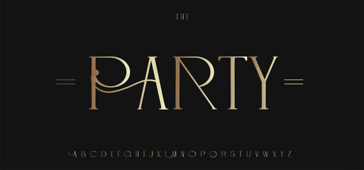 Elegant Gentle Font, Gold Luxurious Alphabet, Geometric Serif Letters, Heritage Type, Royal Shiny Golden Script, Premium Typography for Wedding Card, Restaurant Menu Title, Brand Logo. Vector Typeset