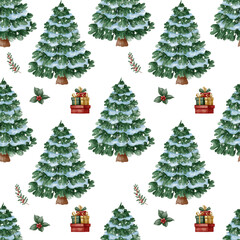 Watercolor seamless pattern with snowy Christmas trees, holly leaves, and gift boxes. Cozy festive design perfect for wrapping paper, textiles, cards, and holiday decorations.