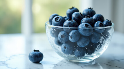 Bowl of fresh blueberries on marble countertop with sunlight  