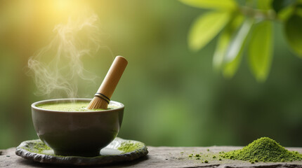 Bowl of hot matcha tea with bamboo whisk on wooden table outdoors  