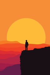 Vector illustration of a man standing on a cliff edge at sunset, gazing at the horizon. Symbol of courage, reflection, freedom, determination, and life’s journey.