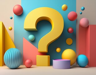 bright pastel giant yellow question mark 3d render style white background pink sage red blue floating geometric shapes balls spheres cylinders