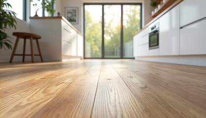 Fototapeta premium Modern white kitchen features natural oak vinyl plank floor. Sunlight streams through large windows overlooking green garden. Minimalist cabinets and island stool create spacious feel.