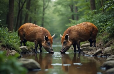 Two red river hogs drink at creek. Pigs dip snouts in water. Orange hogs forage in forest. Animals quench thirst in wild habitat at river. Boar, hog, swine relax. Green trees surround them.