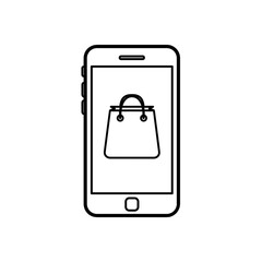 Mobile shopping with shopping bag icon displayed on cell phone, representing convenient online purchasing, is modern. Mobile shopping experience includes digital device with store logo.