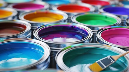 3d illustration of open paint cans with colorful paint and brushes for creative projects
